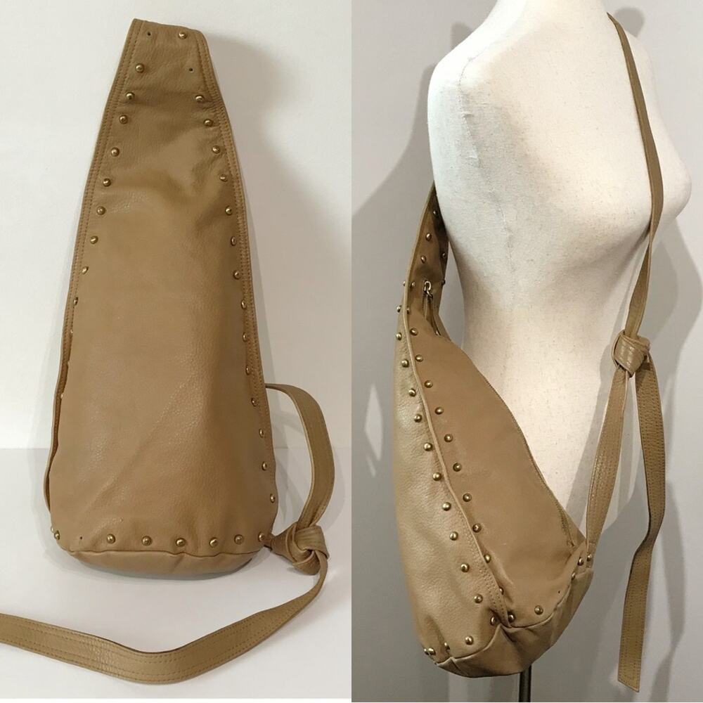 Patti Hansen for HUNG ON U Tan Leather Bronze Studded Cross Body Sling Bag Cross - Picture 1 of 16